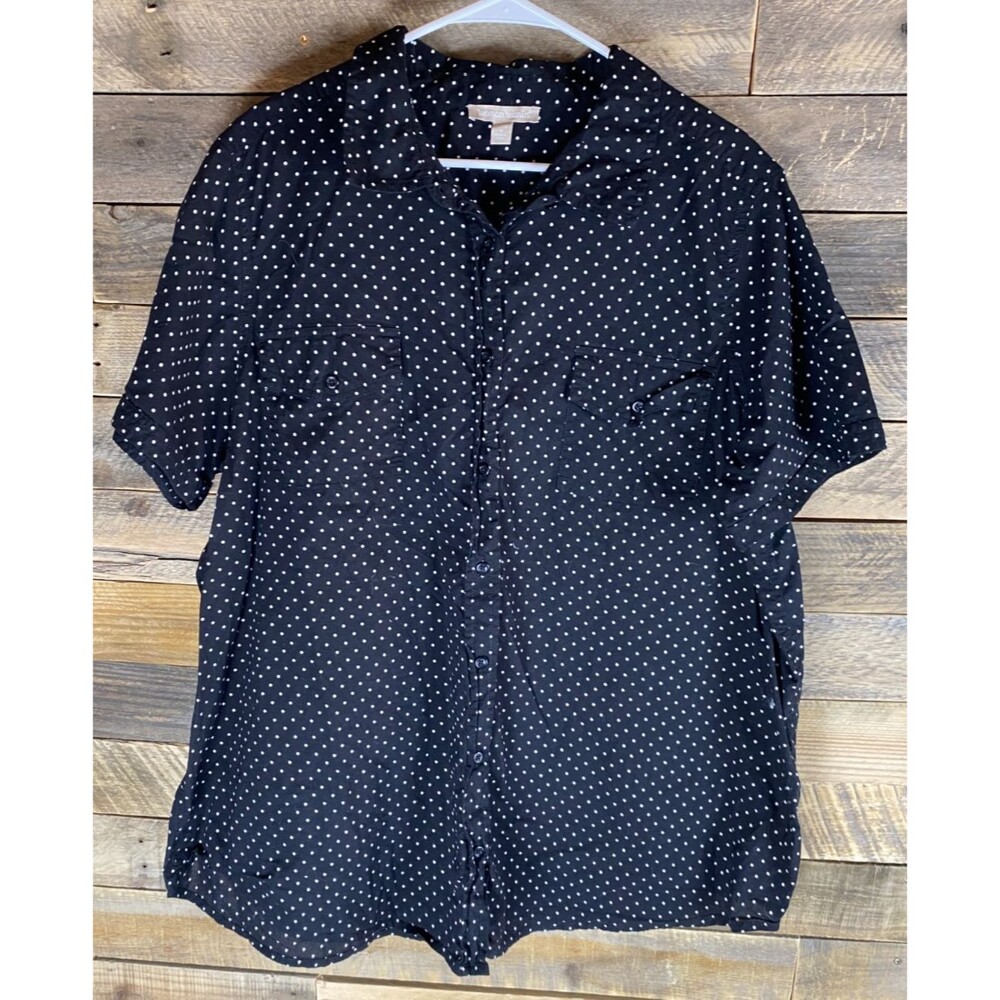 Woman Within Women Plus Sz 22/24 Black/White Polka Dot Button Down Short Slv Top